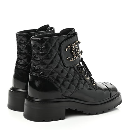 Chanel Shiny Lambskin Quilted Lace Up Combat Boots 39 Black 4 of 8