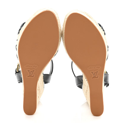 Louis Vuitton Cotton Monogram Embroidered Starboard Wedge Espadrilles 39 Black 5 of 8