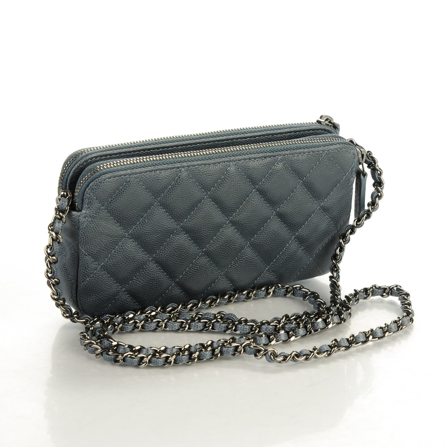Caviar Quilted Small Clutch With Chain Grey