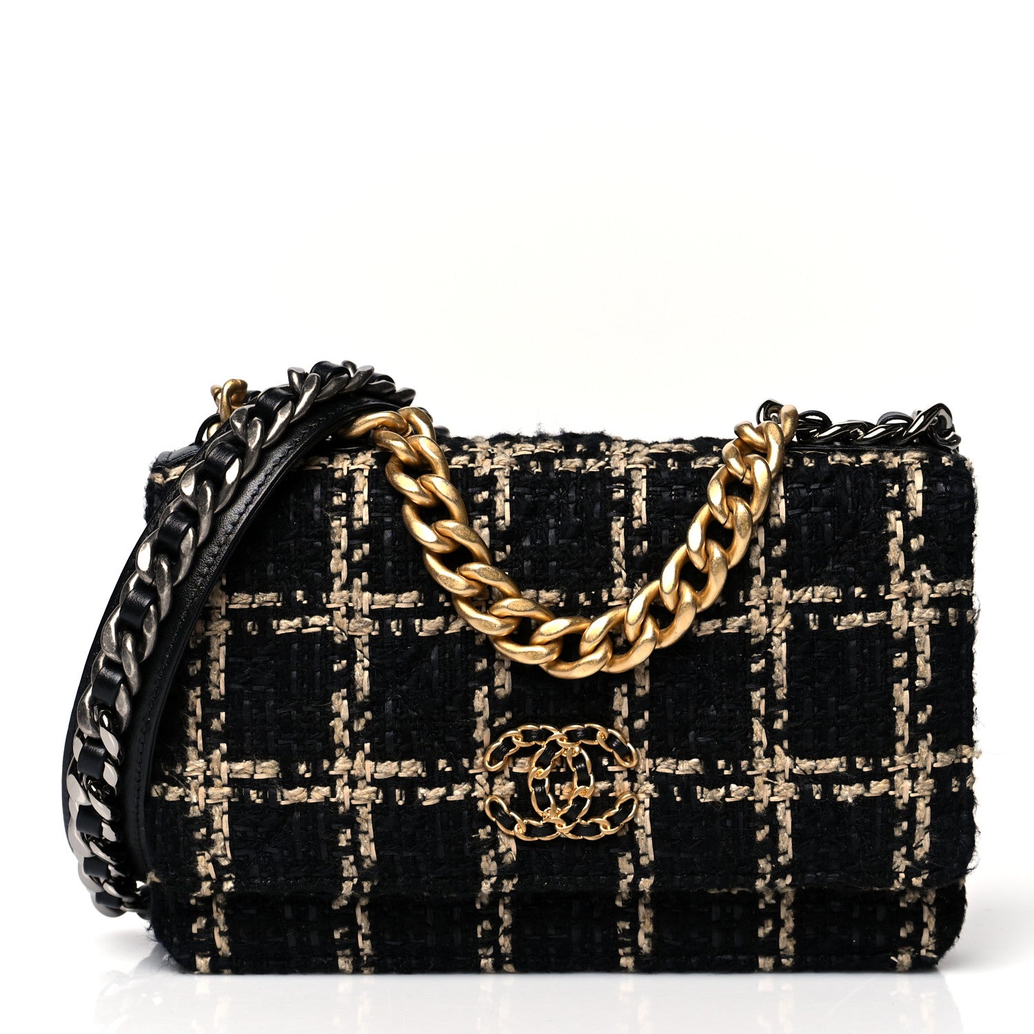 Chanel Tweed Quilted Chanel 19 Wallet On Chain WOC Black Beige 1 of 10