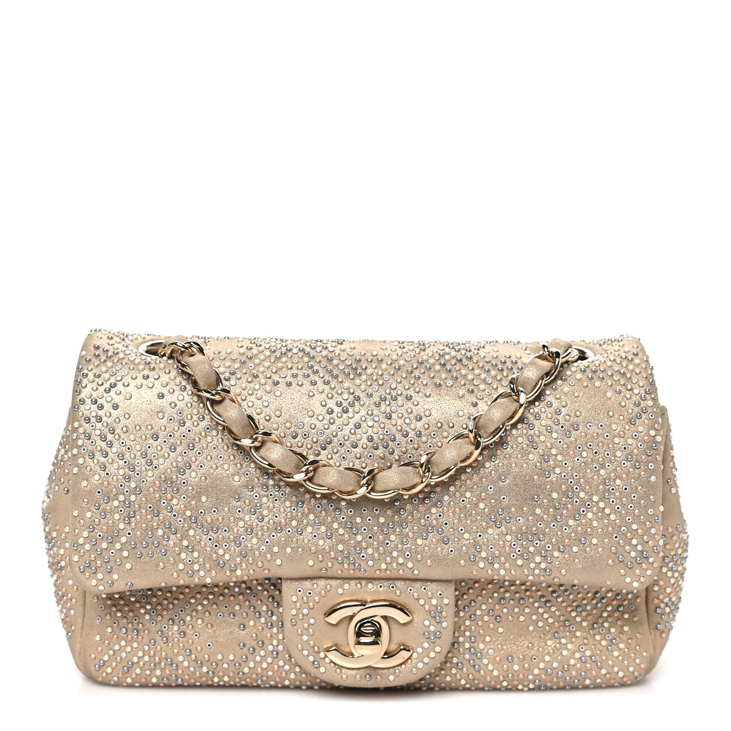 Iridescent Calfskin Studded Mini Flap Gold