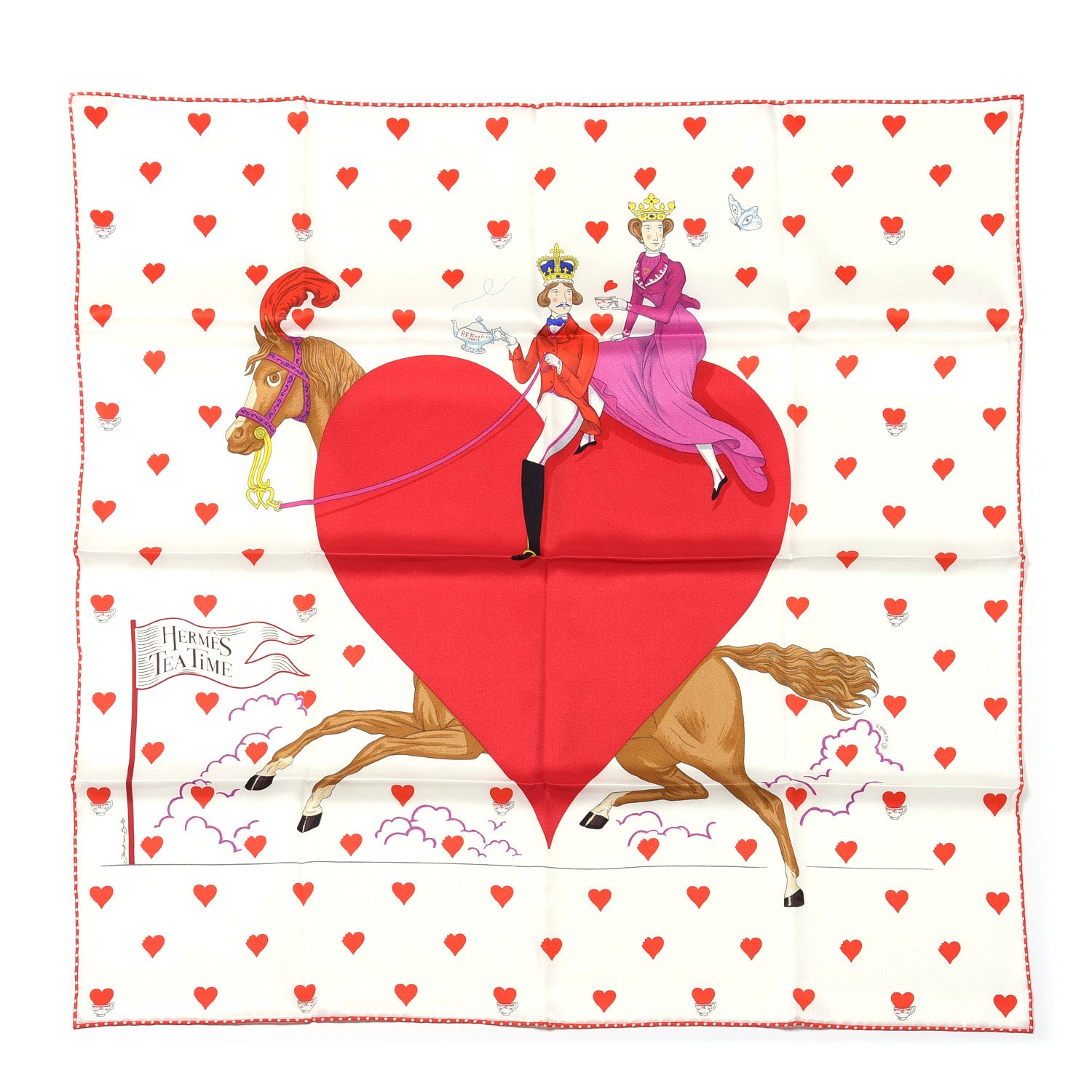 Hermes Silk Tea Time Scarf 70 White Framboise Rouge 1 of 5