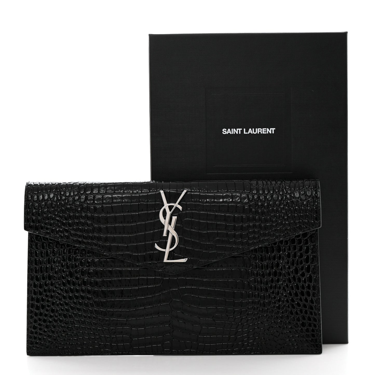 Calfskin Crocodile Embossed Uptown Monogram Pouch Black