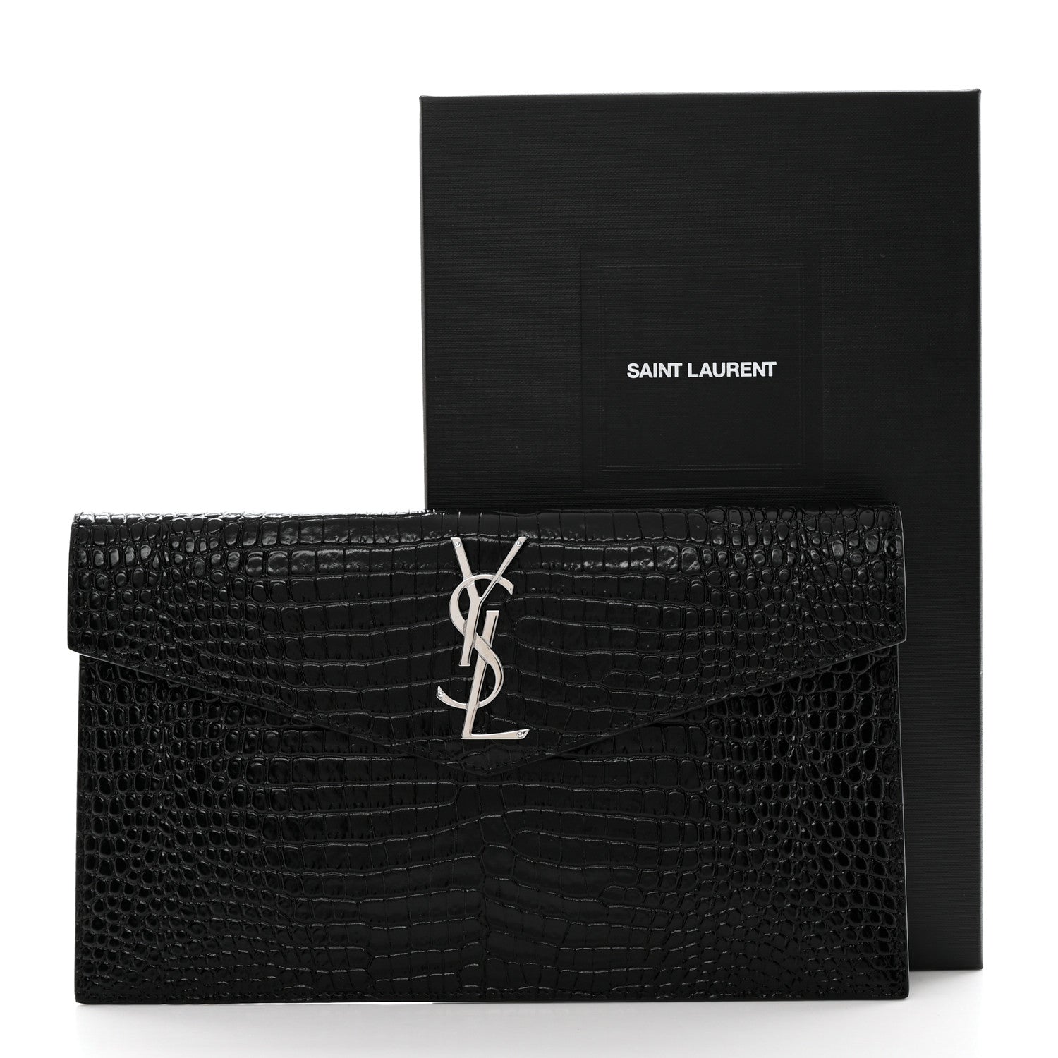 Saint Laurent Calfskin Crocodile Embossed Uptown Monogram Pouch Black 8 of 8