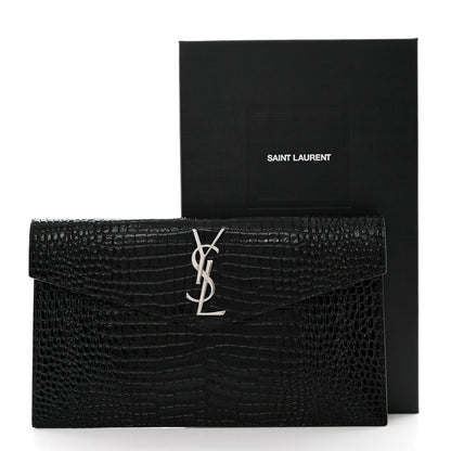 Saint Laurent Calfskin Crocodile Embossed Uptown Monogram Pouch Black 8 of 8
