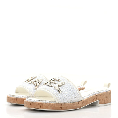 Chanel Tweed Cork CC Chain Mule Sandal 38 White 3 of 8