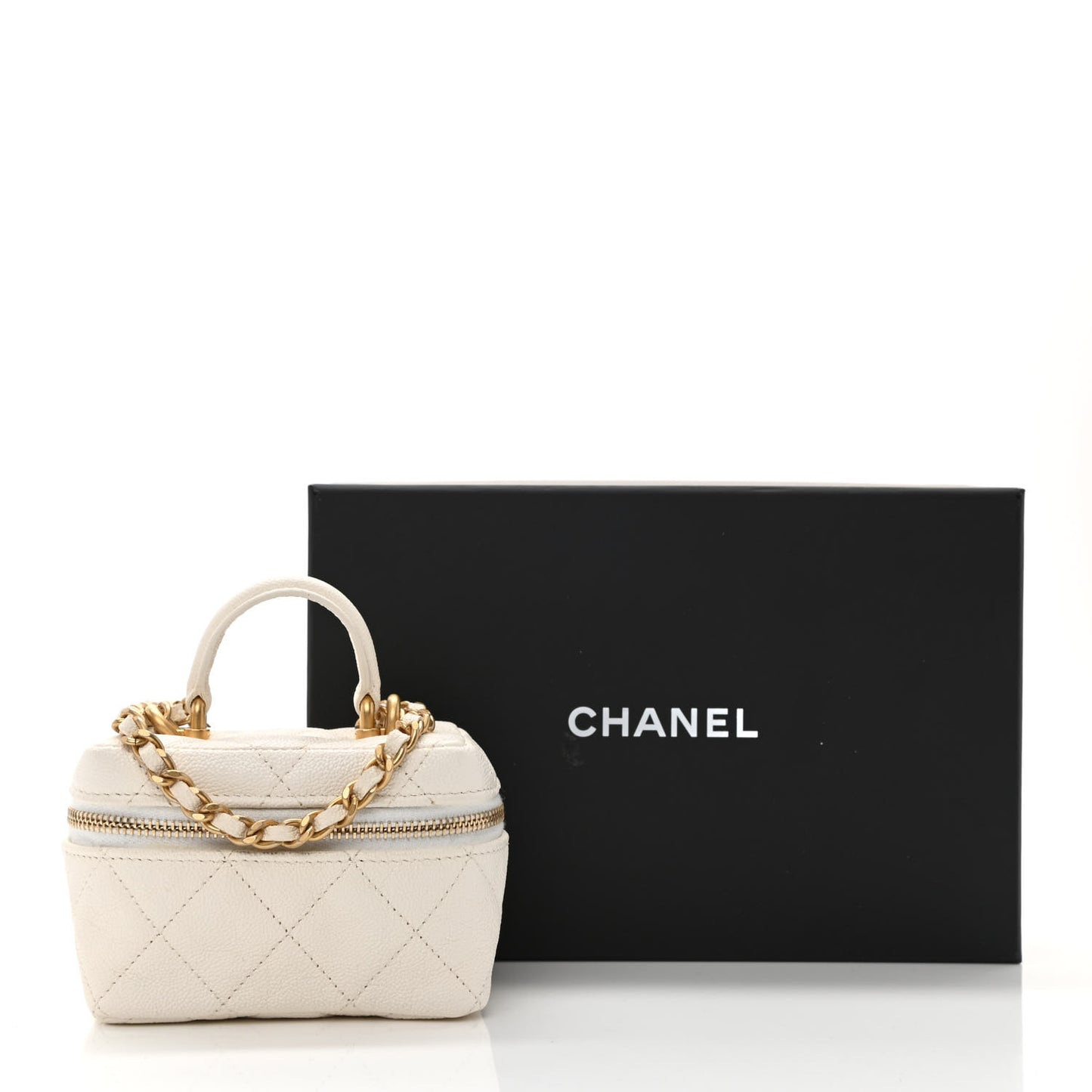 Caviar Quilted Mini Top Handle Vanity With Chain White