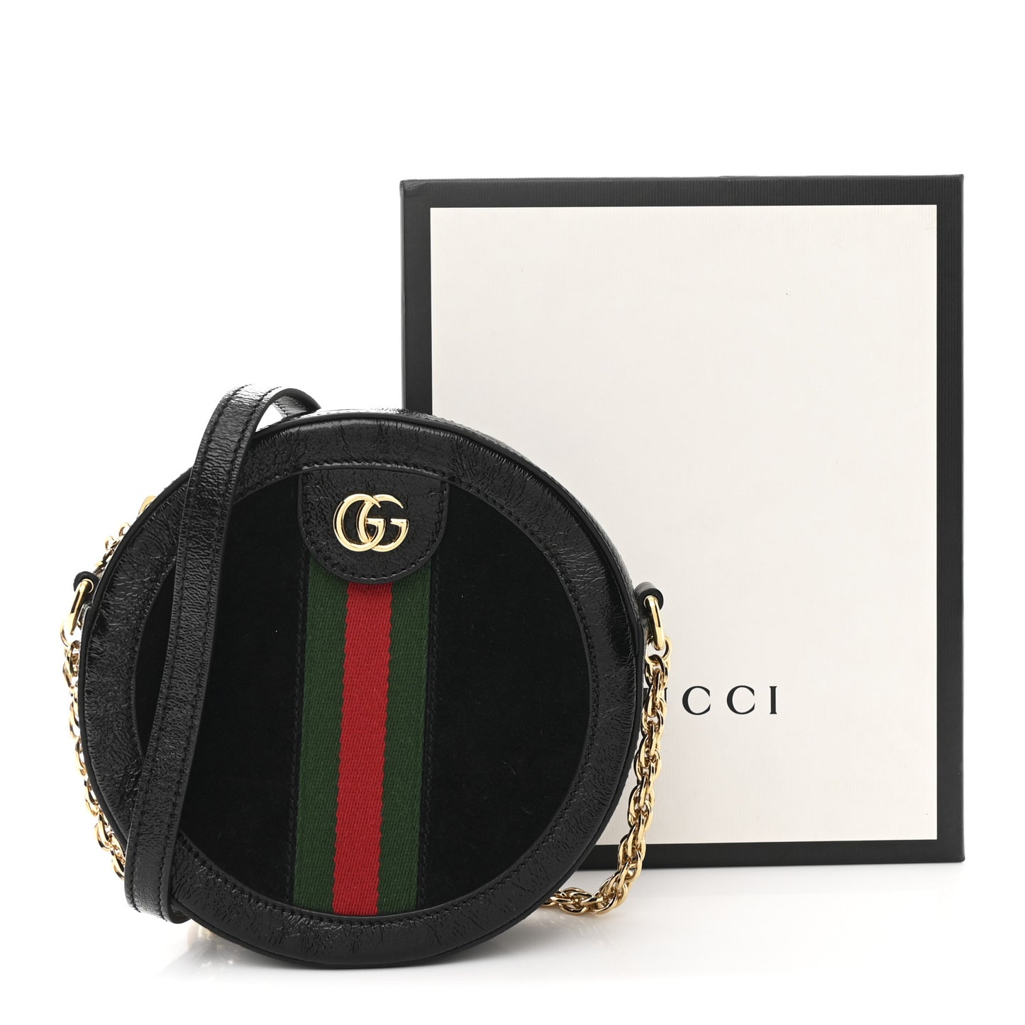 Suede Patent Web Mini Ophidia Round Shoulder Bag Black