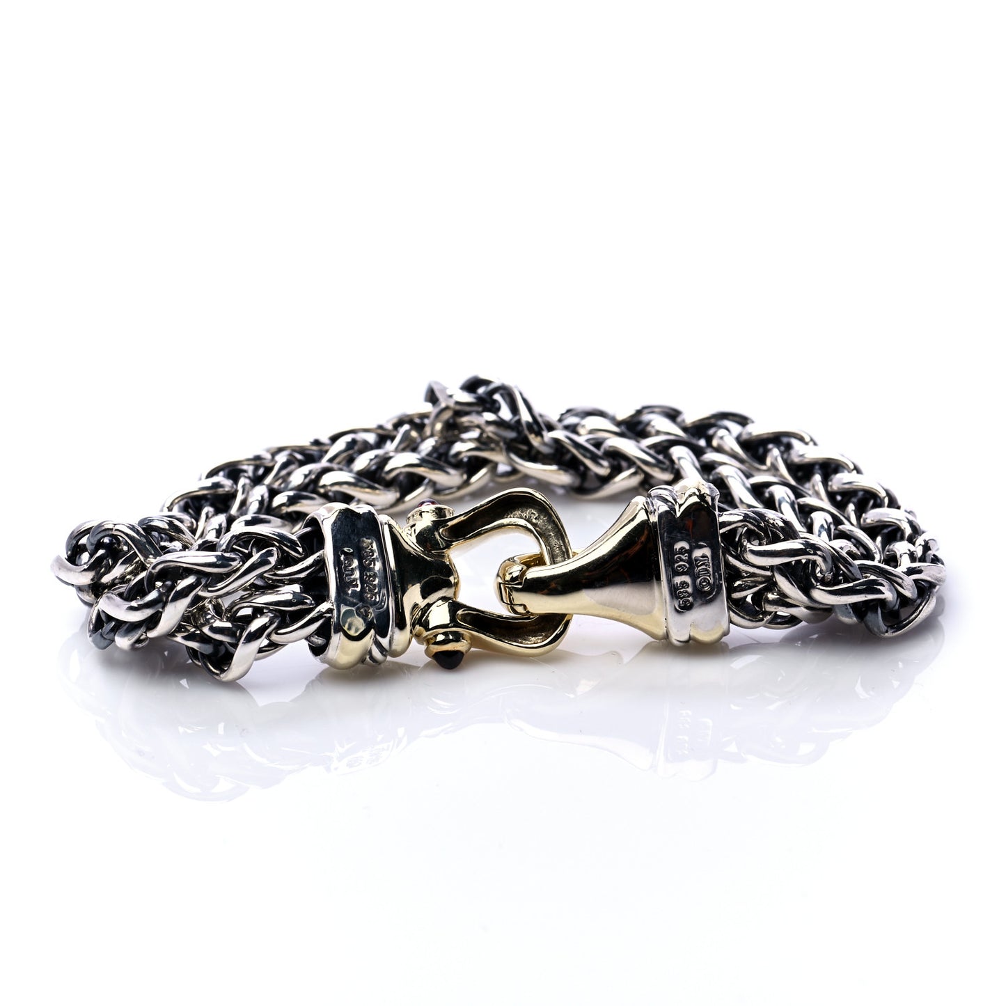 Sterling Silver 14K Yellow Gold Garnet 6mm Double Wheat Buckle Bracelet