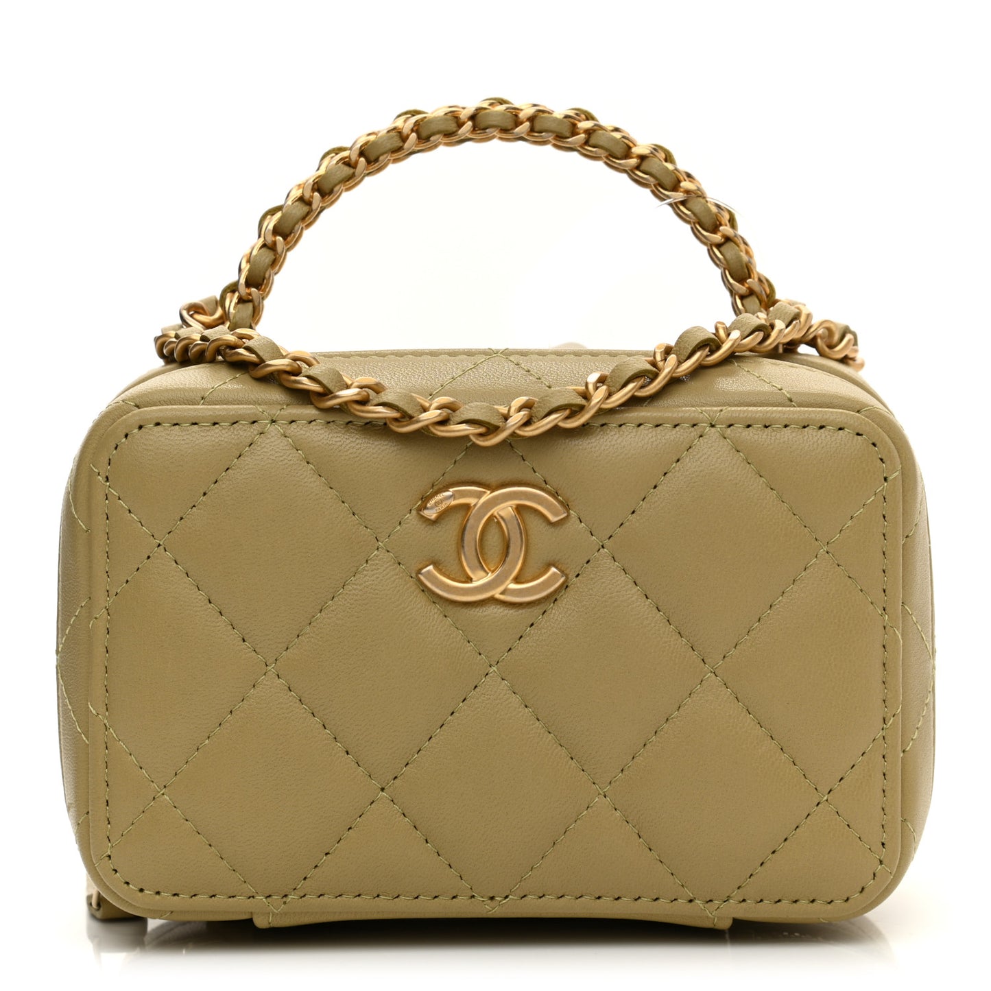 Lambskin Quilted Chain Top Handle Vanity Case Light Green