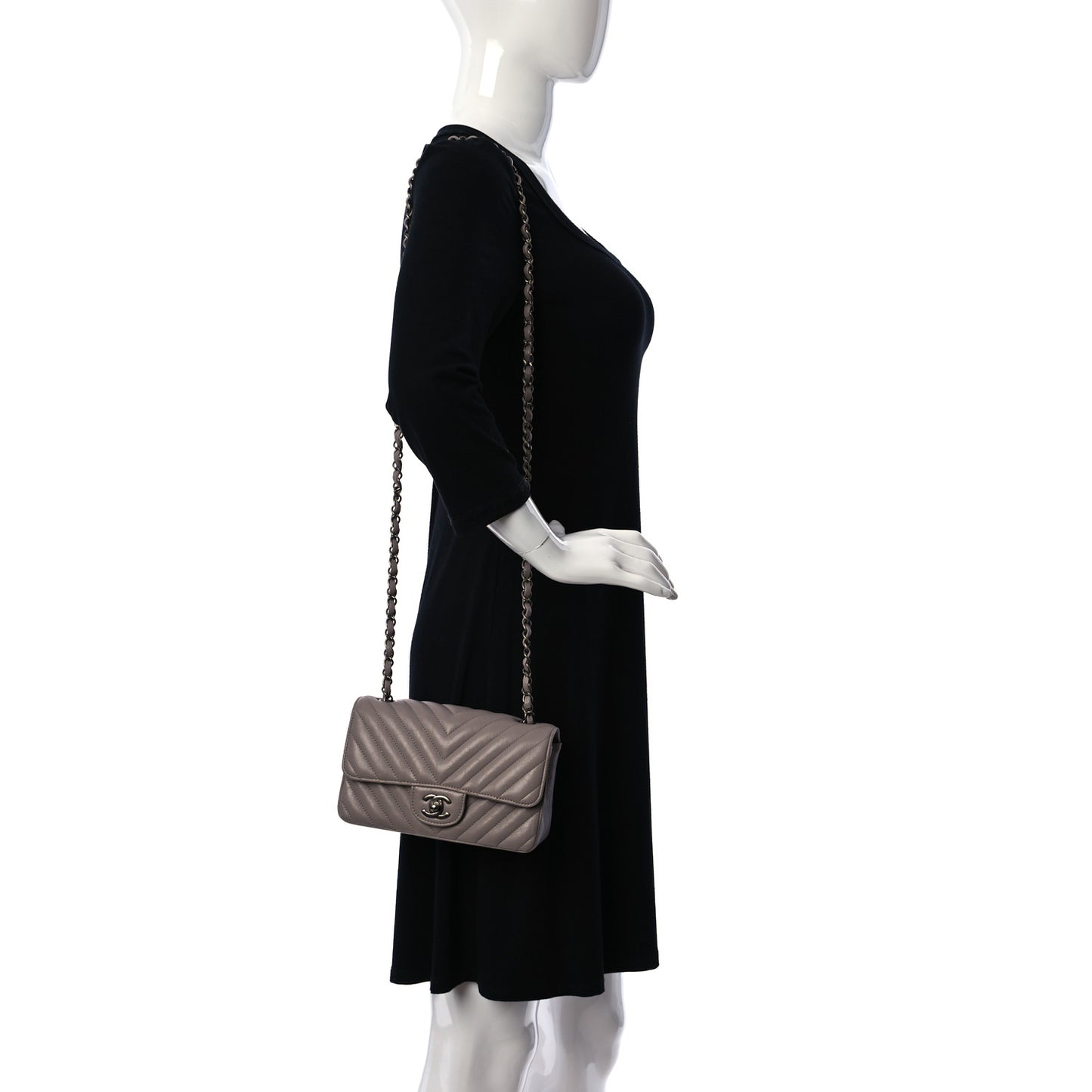 Iridescent Calfskin Chevron Quilted Mini Rectangular Flap Grey
