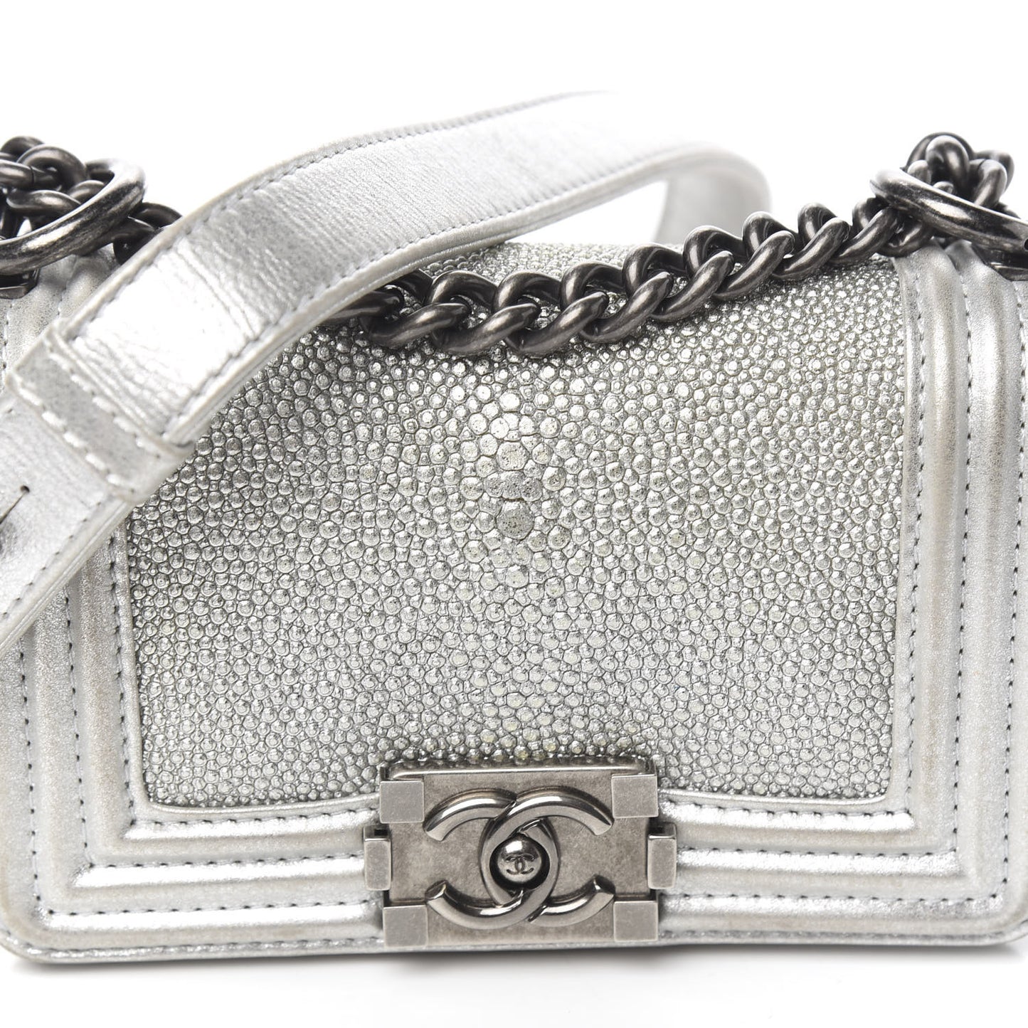Metallic Galuchat Stingray Mini Boy Flap Silver