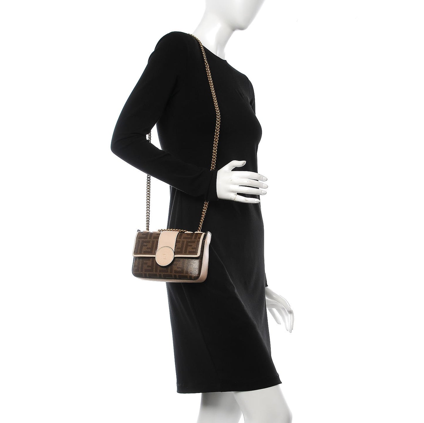 Glazed Fabric Vitello Century FF 1974 Stamp Patch Mini Double F Crossbody Bag Mogano Panna Plaster