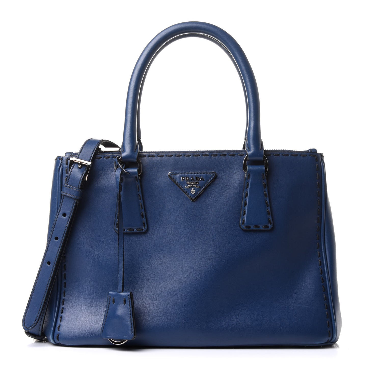 City Calf Hand Stitched Small Galleria Double Zip Tote Bluette