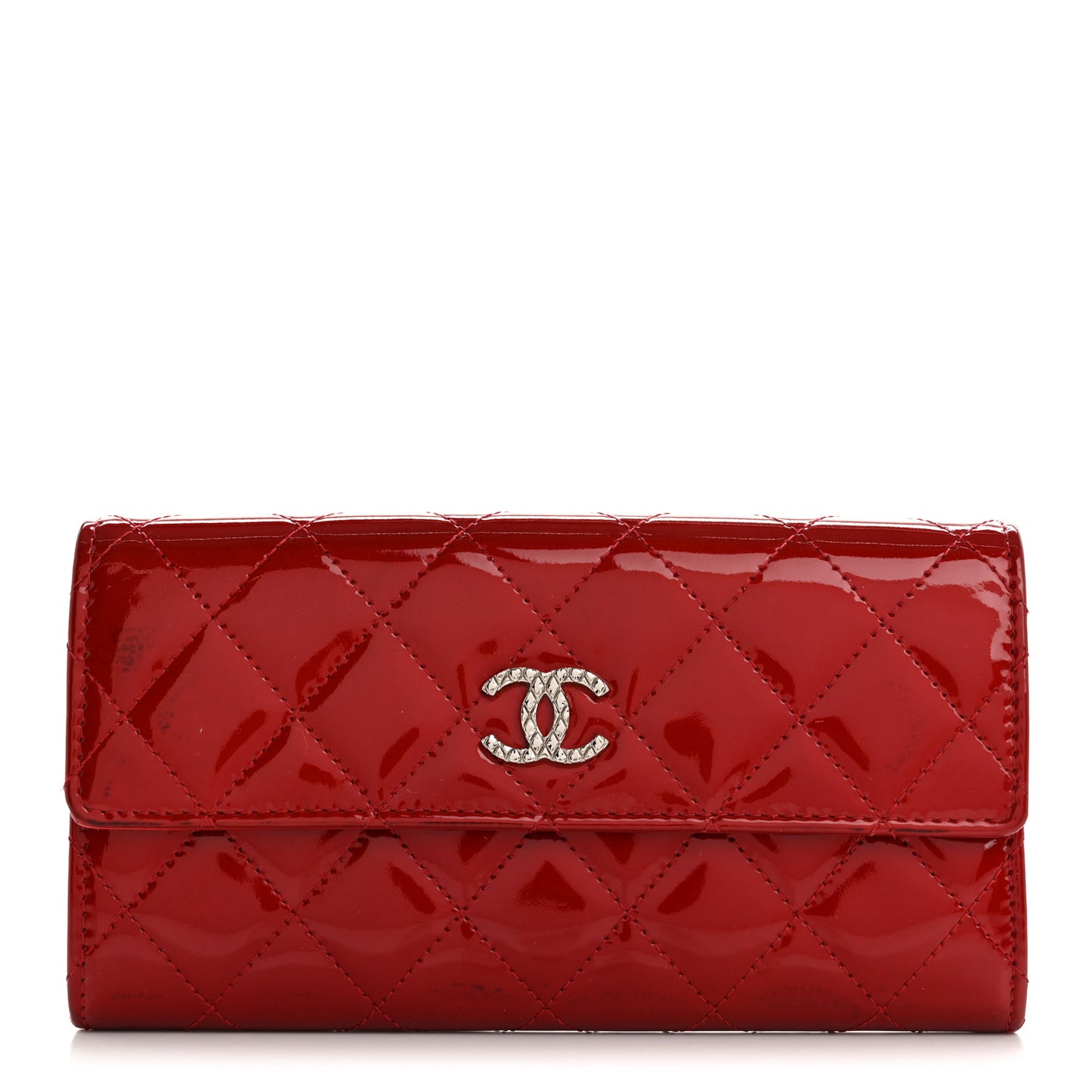 Patent Calfskin Quilted Large Brilliant Flap Wallet Dark Red