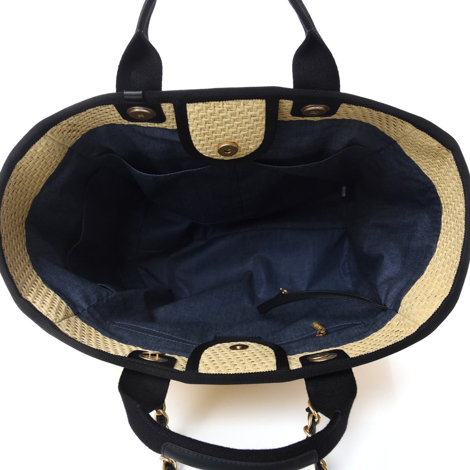 Chanel Straw Raffia Calfskin Chain Medium Deauville Tote Beige Black 5 of 13