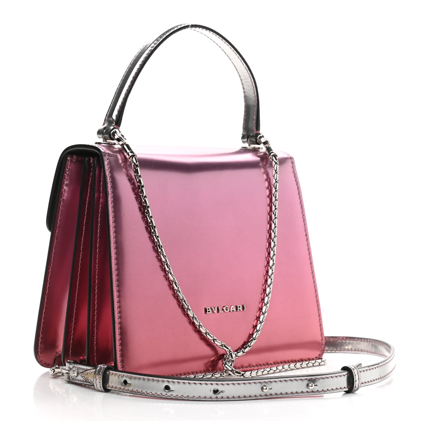 Metallic Calfskin Contrast Serpenti Forever Top Handle Silver Pink