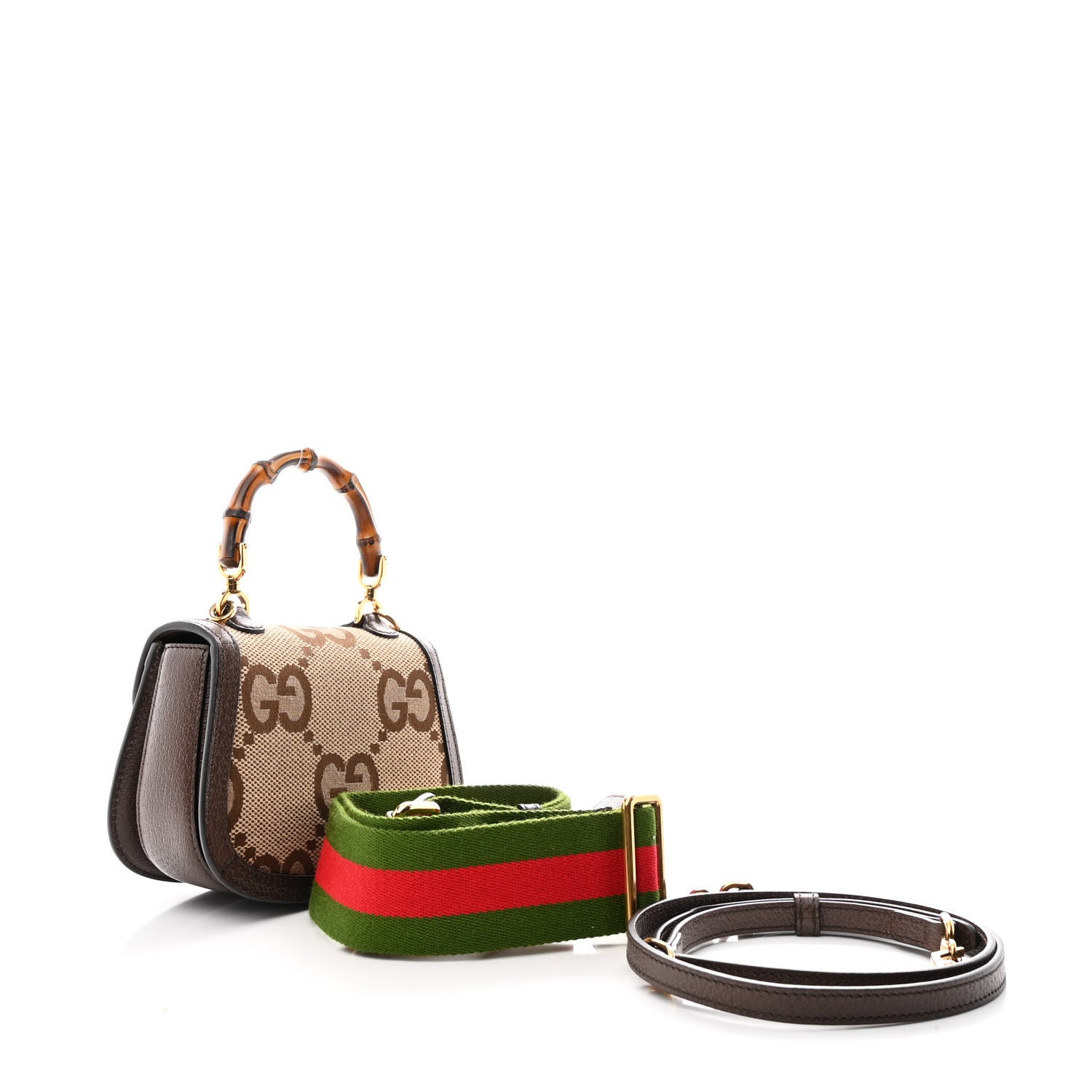 Gucci Monogram Jumbo GG Textured Dollar Calfskin Web Mini Bamboo 1947 Top Handle Bag Camel Ebony New Acero 2 of 10