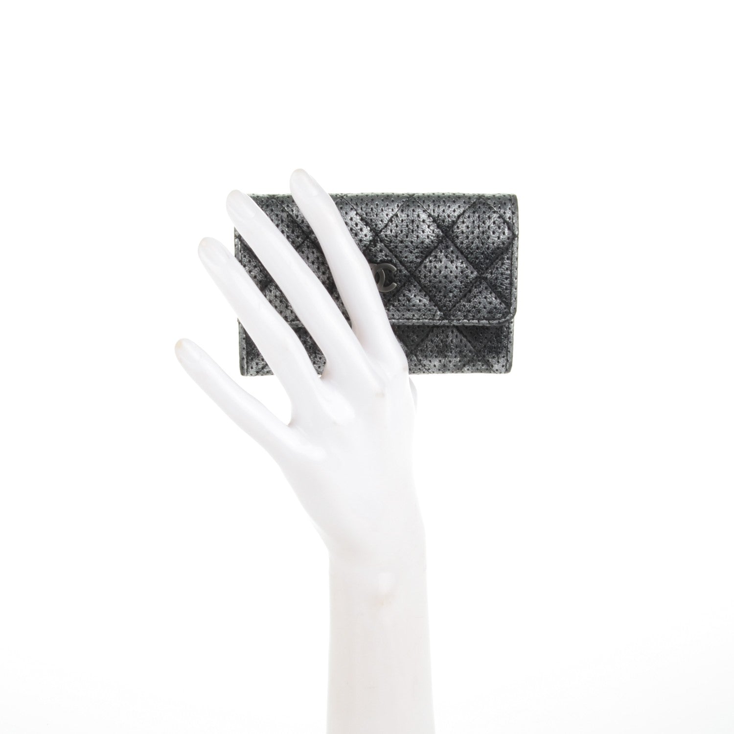 Chanel Metallic Calfskin Perforated Quilted Card Holder Grey 2 of 8