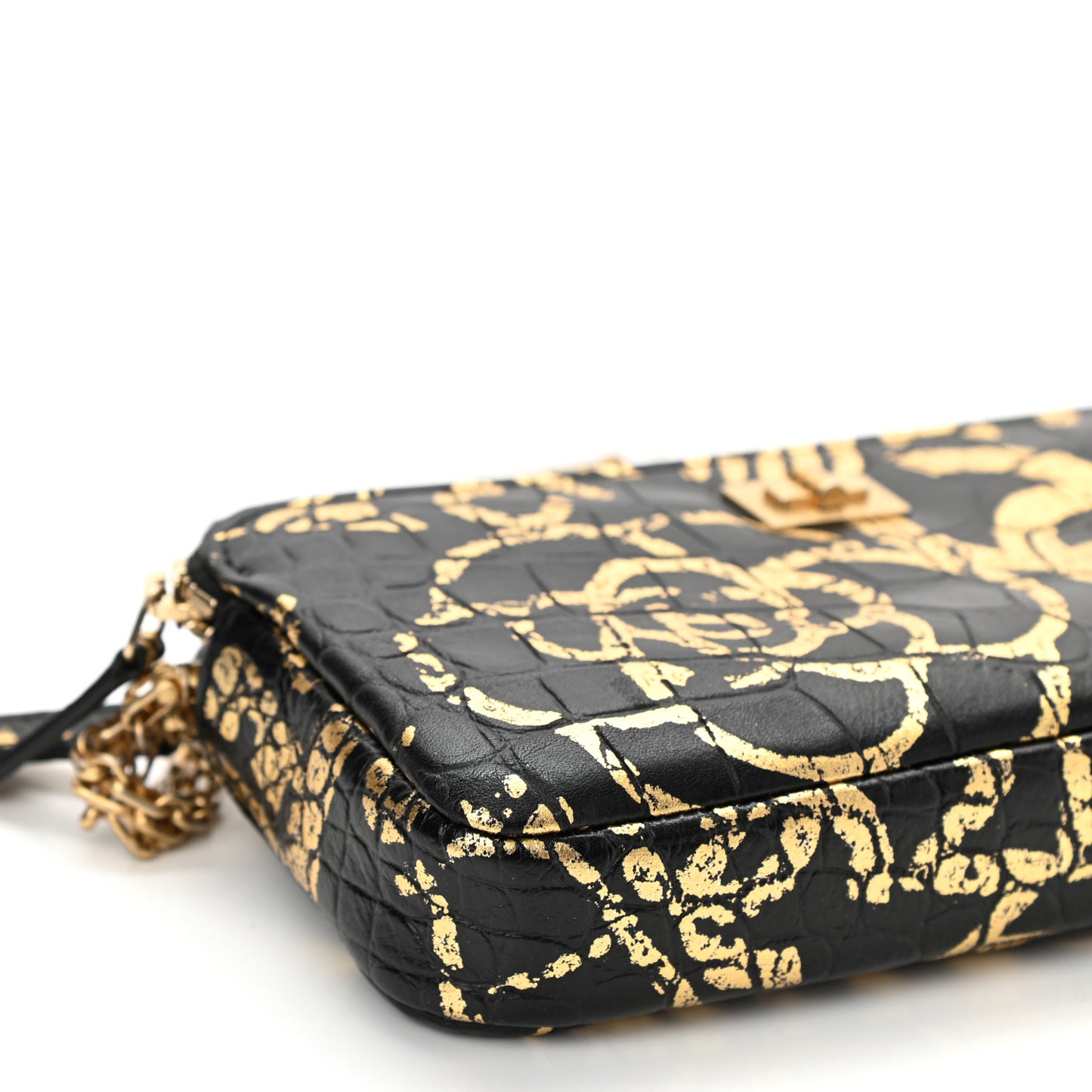 Calfskin Crocodile Embossed Graffiti 2.55 Cocodile Reissue Clutch With Chain Black Gold