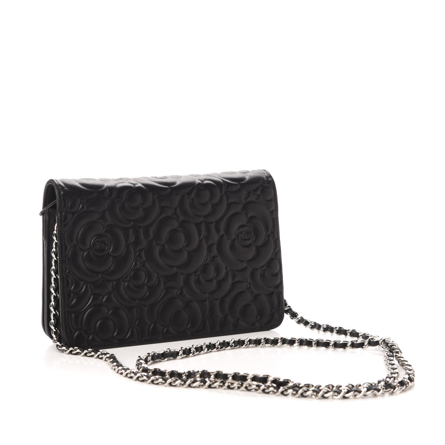 Goatskin Camellia Embossed Wallet on Chain WOC Black