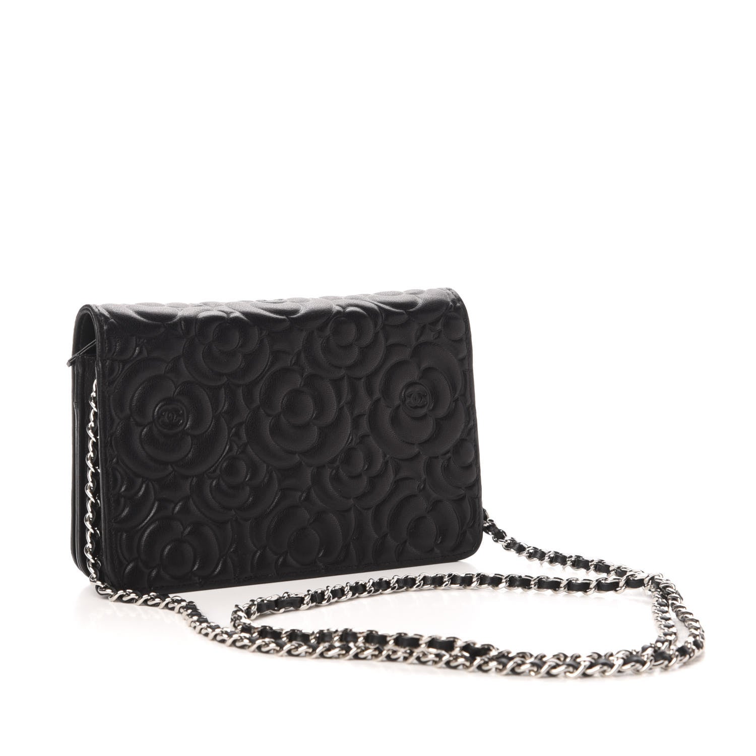 Chanel Goatskin Camellia Embossed Wallet on Chain WOC Black 3 of 10
