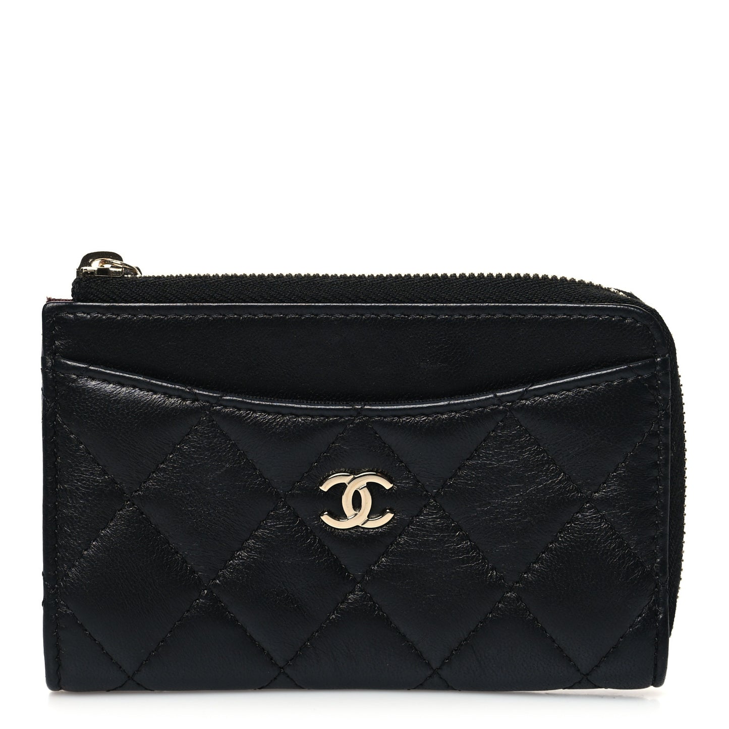 Lambskin Quilted Zip Card Holder Black
