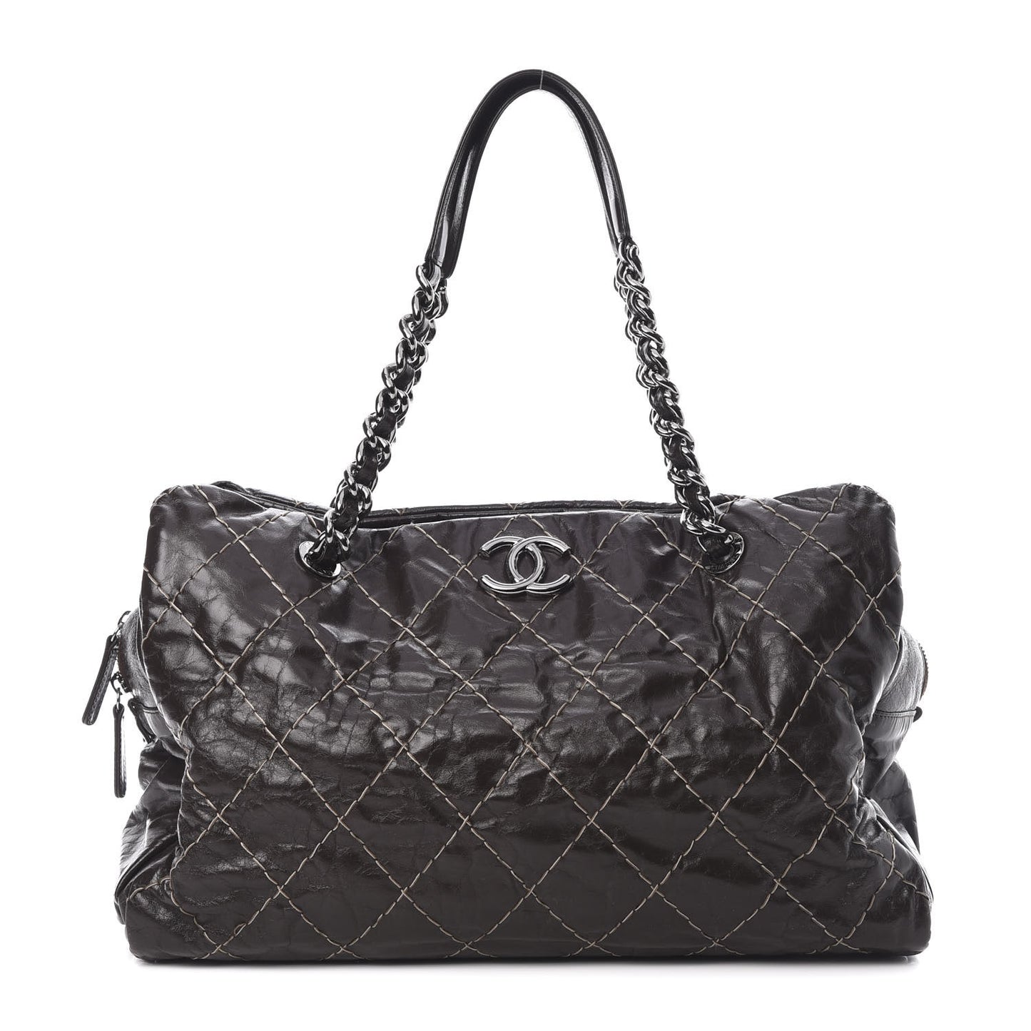 Glazed Goatskin Double Contrast Stitch Large Tote Brown