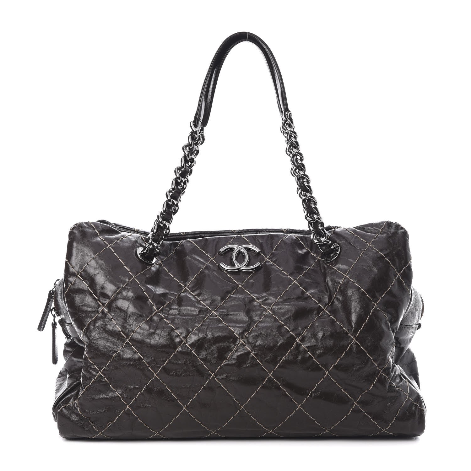Chanel Glazed Goatskin Double Contrast Stitch Large Tote Brown 1 of 14