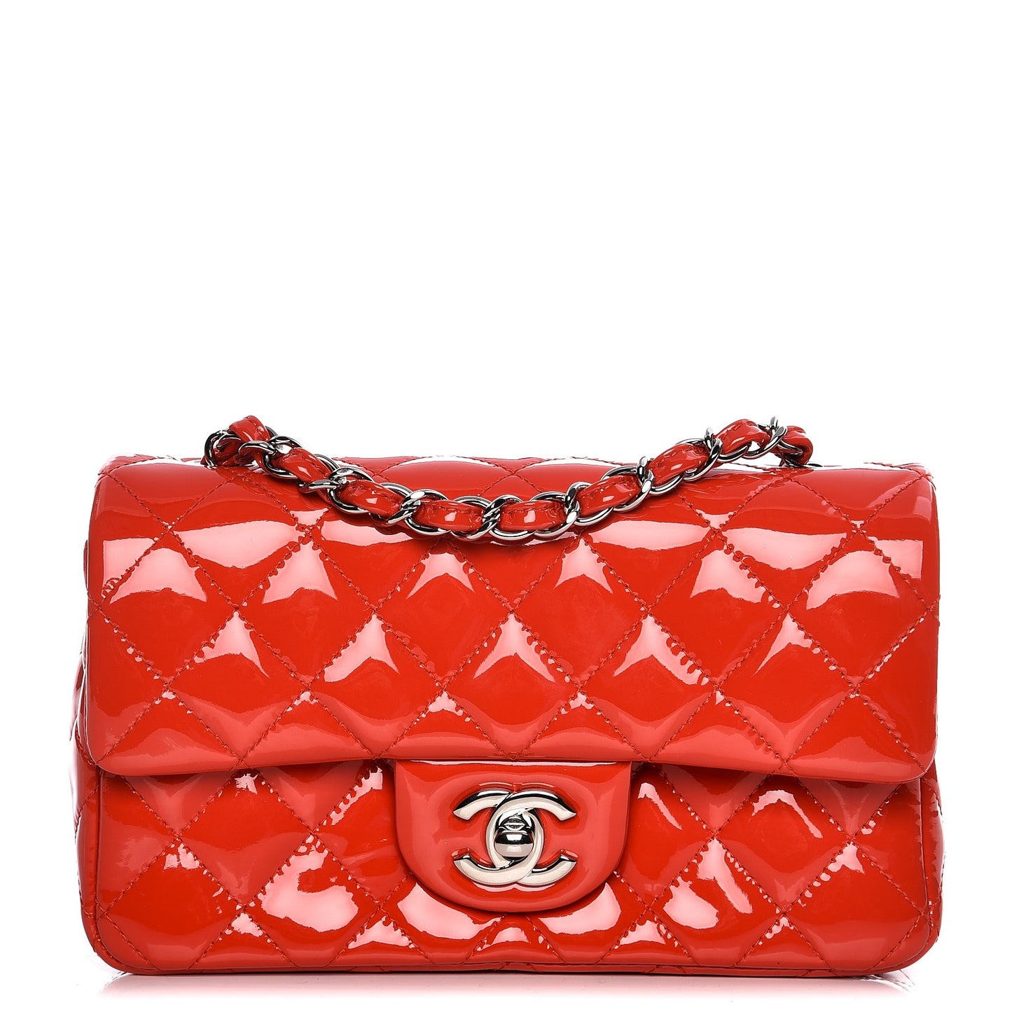 Patent Calfskin Quilted Mini Rectangular Flap Red