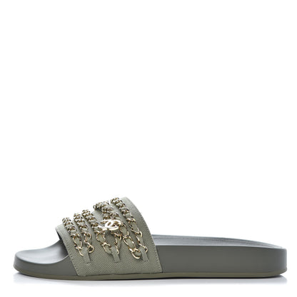 Chanel Canvas Chain Flat Sandals 38 Khaki 1 of 11