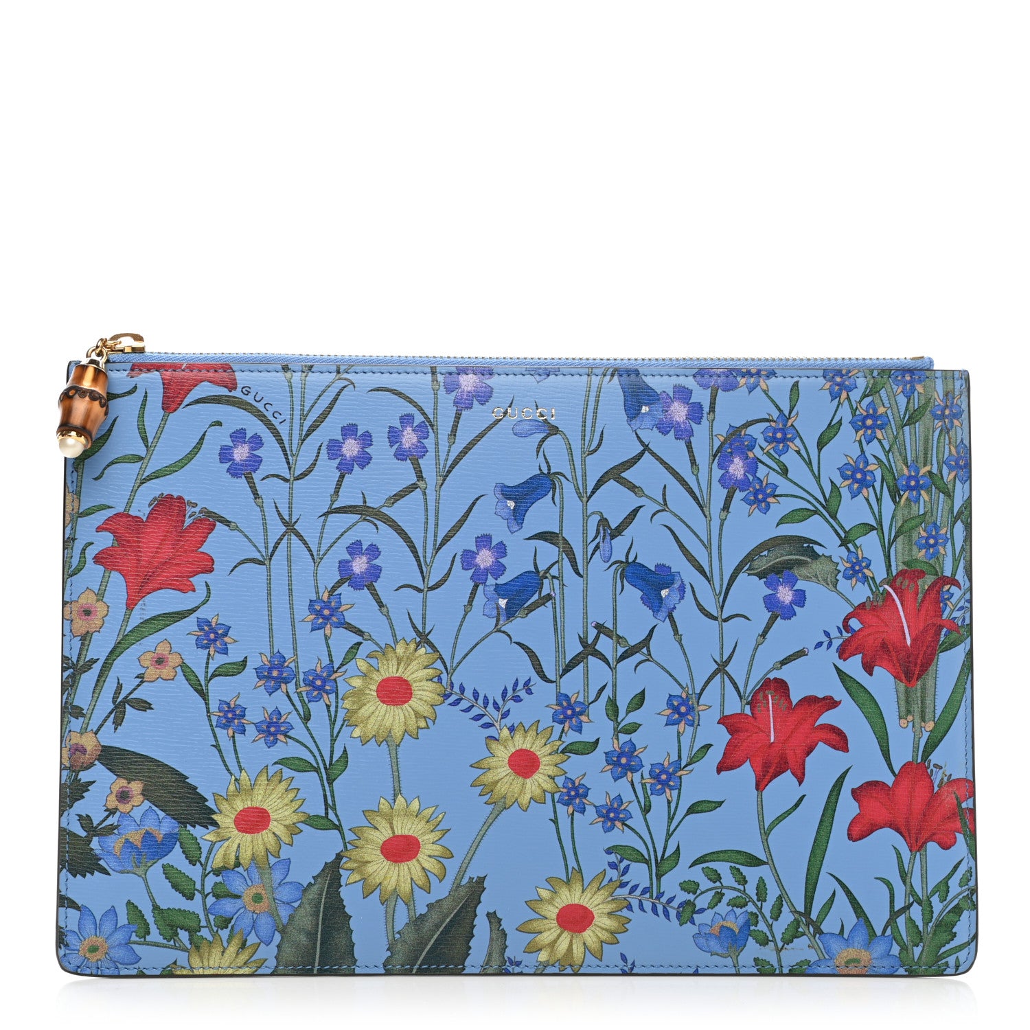 Gucci Calfskin Bamboo New Flora Zip Pouch Azure 1 of 8