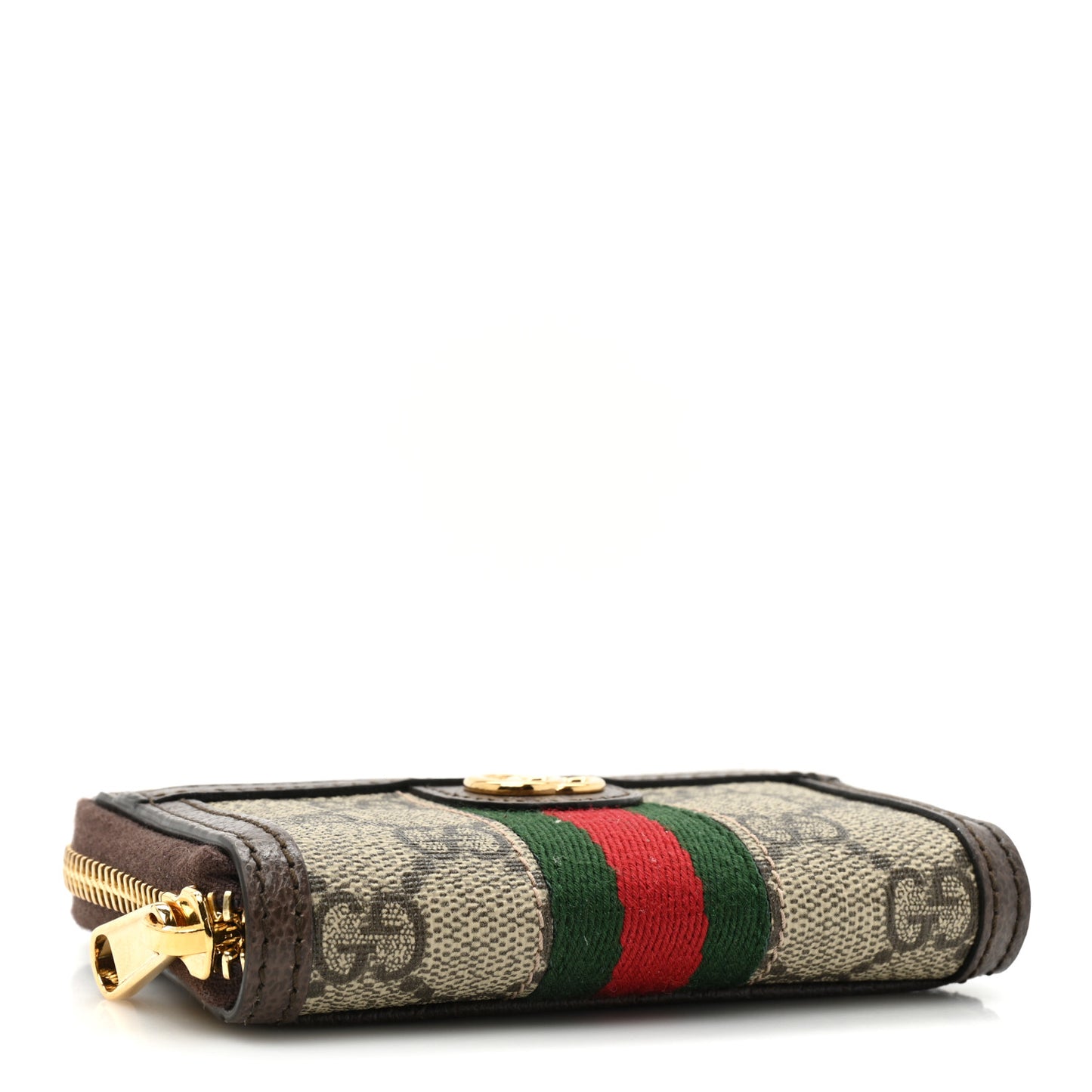 GG Supreme Monogram Textured Dollar Calfskin Web Ophidia Zip Around Card Case Wallet Beige Ebony New Acero