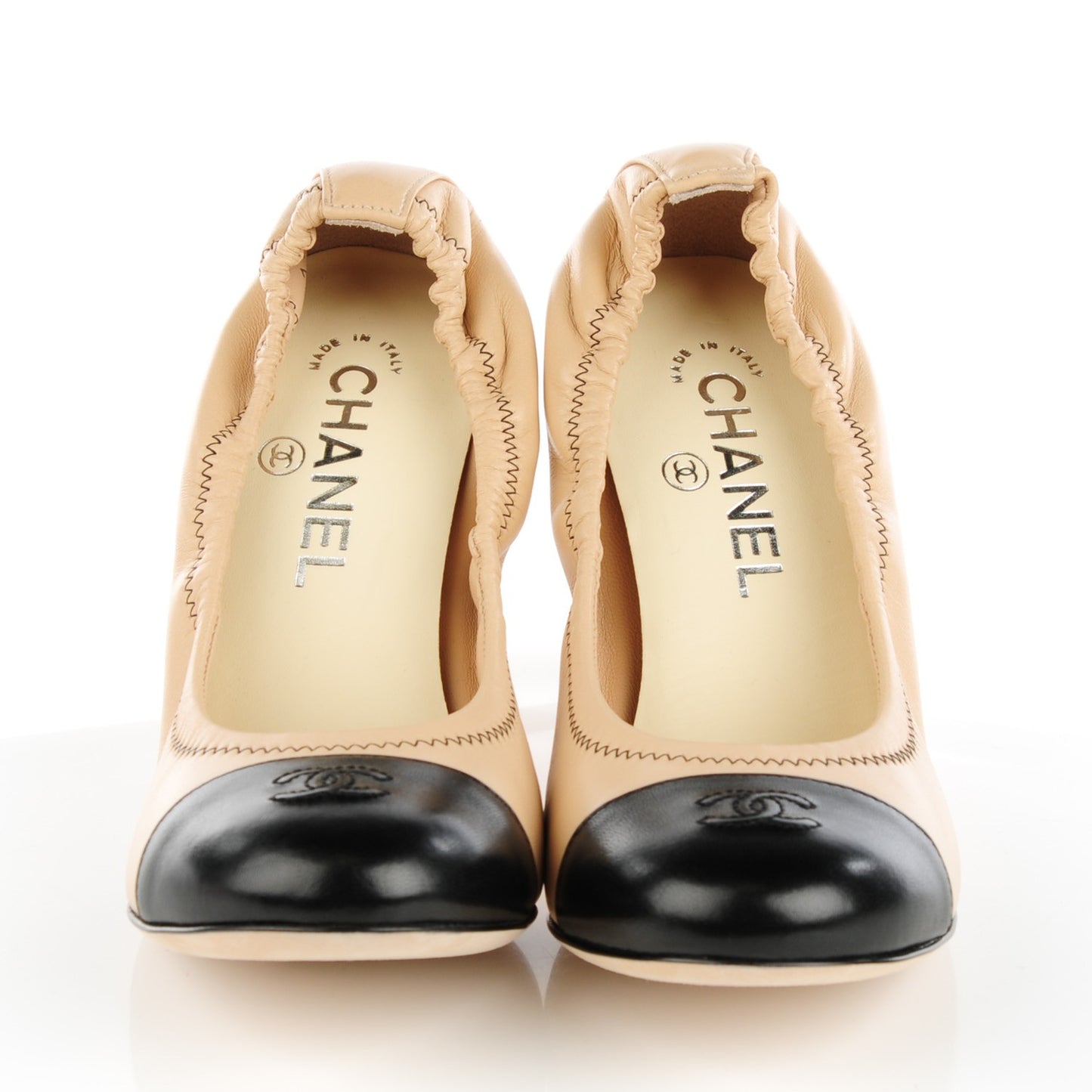 Lambskin Elastic Cap Toe Pumps 38.5 Beige Black