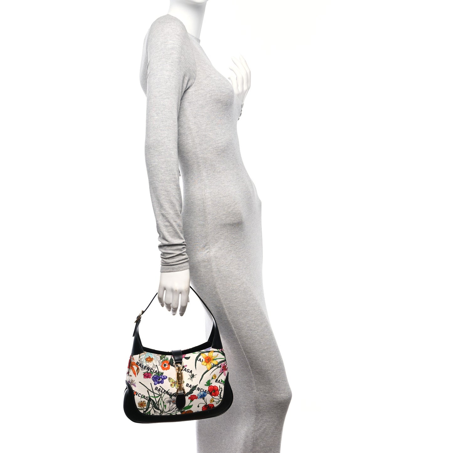 X BALENCIAGA Canvas Boarded Pluton Calfskin Flora Logo Print Small Jackie 1961 Hobo White Multicolor Black
