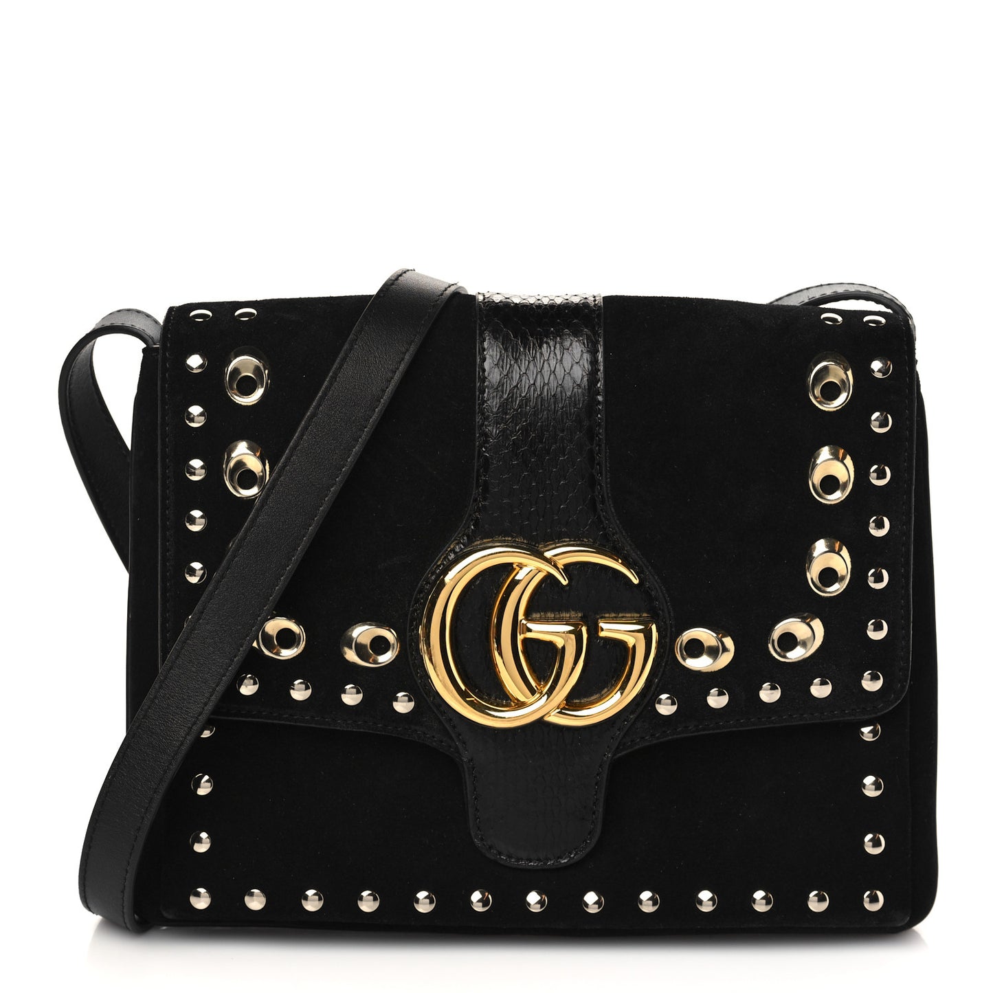 Suede Snakeskin Studded Medium Arli Flap Shoulder Bag Black
