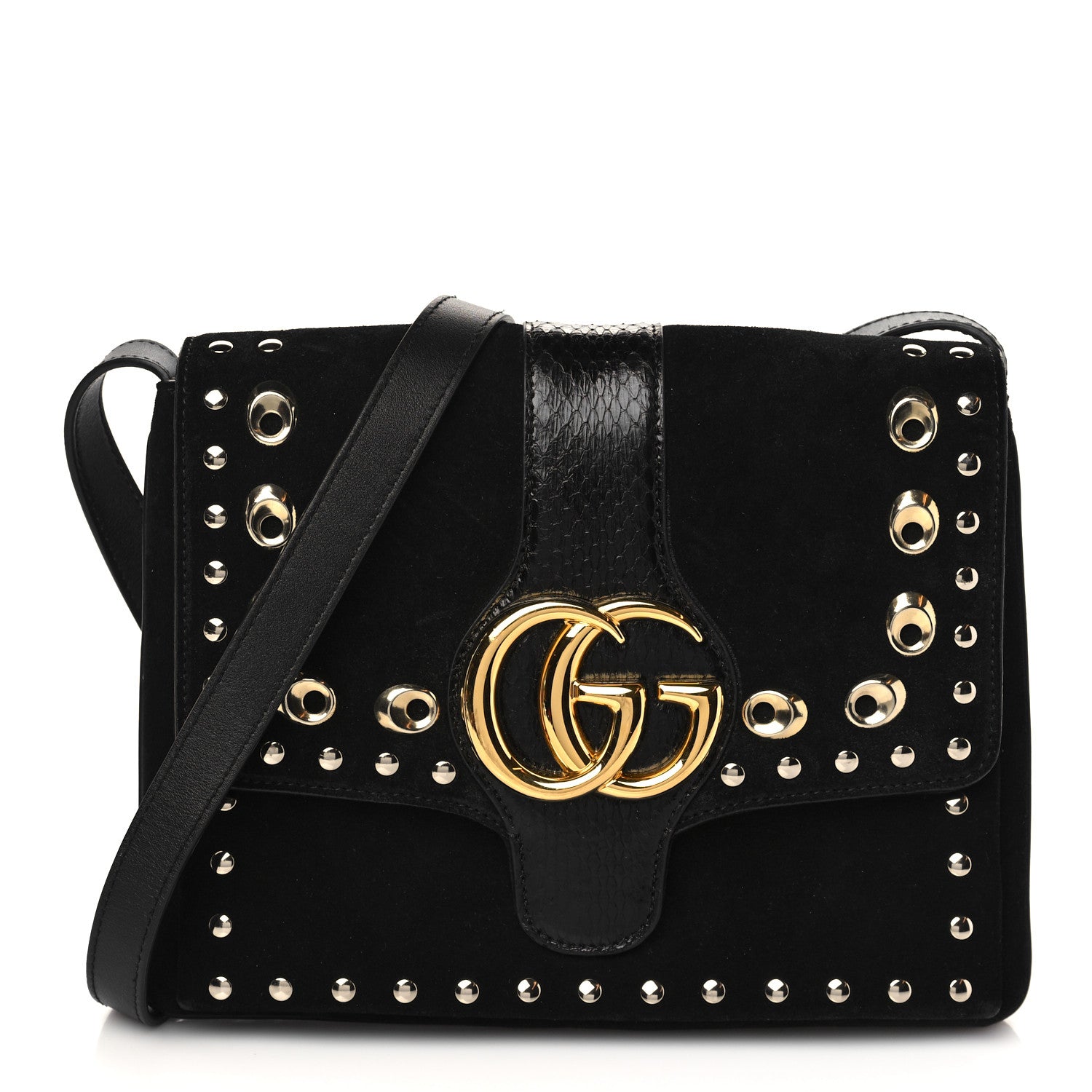 Gucci Suede Snakeskin Studded Medium Arli Flap Shoulder Bag Black 1 of 6