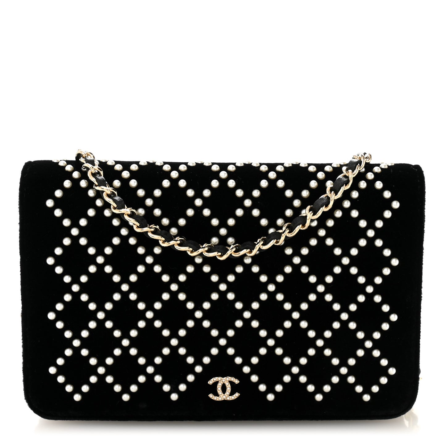 Velvet Pearl Diamond Embellished Wallet On Chain WOC Black