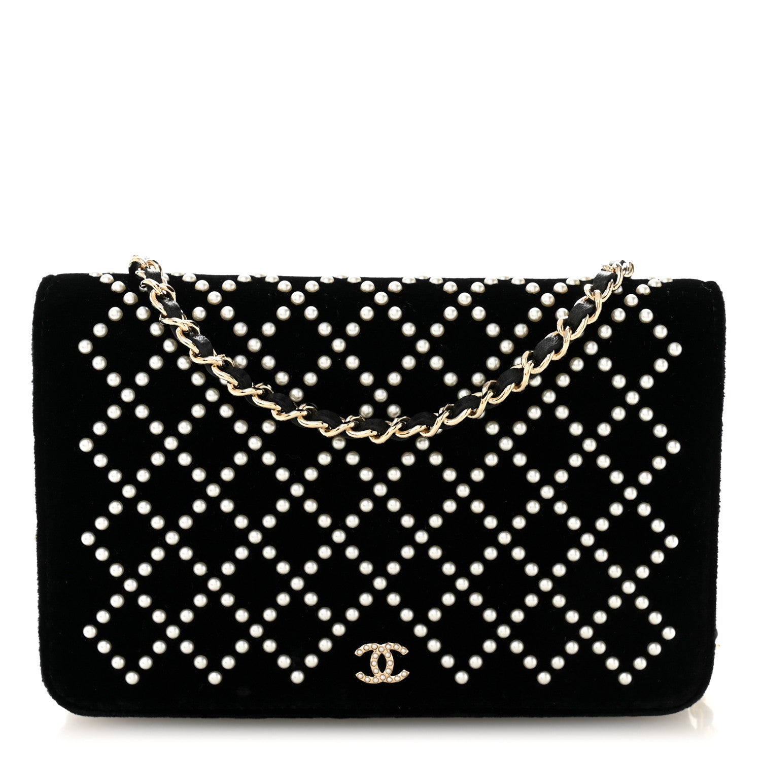 Chanel Velvet Pearl Diamond Embellished Wallet On Chain WOC Black 1 of 11