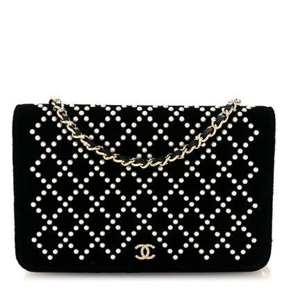 Chanel Velvet Pearl Diamond Embellished Wallet On Chain WOC Black 1 of 11