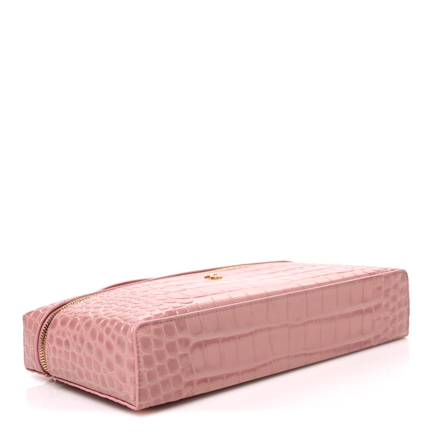 Calfskin Crocodile Embossed Crococo Top Handle Slim Vanity Case With Chain Pink