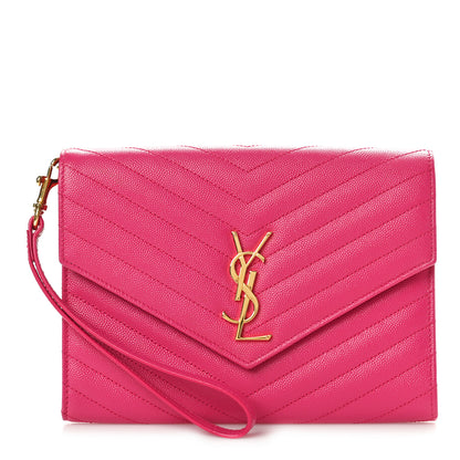Saint Laurent Grain De Poudre Matelasse Chevron Monogram Envelope Clutch Fuchsia 1 of 9