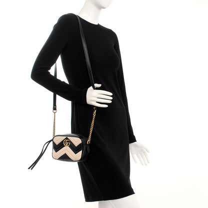 Gucci Calfskin Matelasse Mini GG Marmont Chain Shoulder Bag Black White 2 of 7