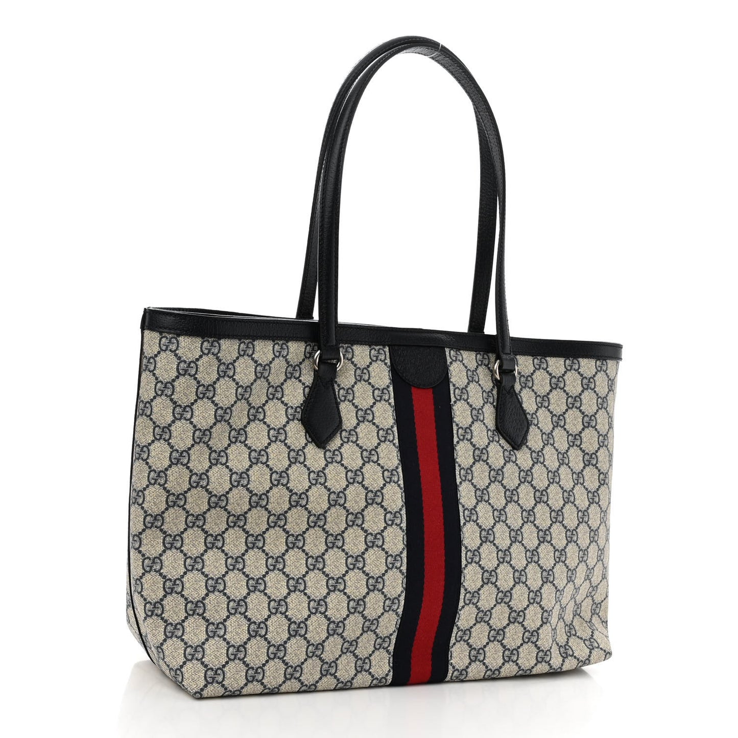 GG Supreme Monogram Textured Calfskin Web Medium Ophidia Shopping Tote Beige Blue