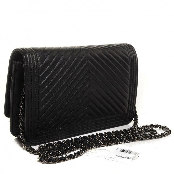 Chanel Metallic Calfskin Chevron Boy Wallet On Chain WOC Black 2 of 9