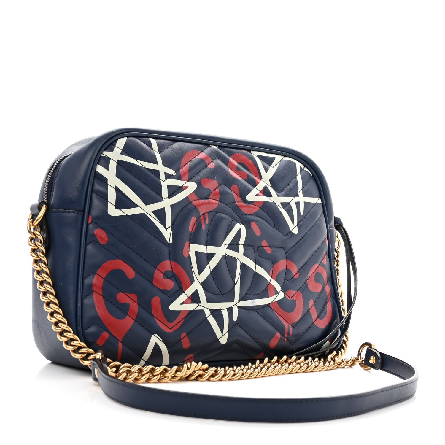 Gucci Calfskin Matelasse GucciGhost Medium GG Marmont Chain Shoulder Bag Blue Agata Hibiscus Red 3 of 13