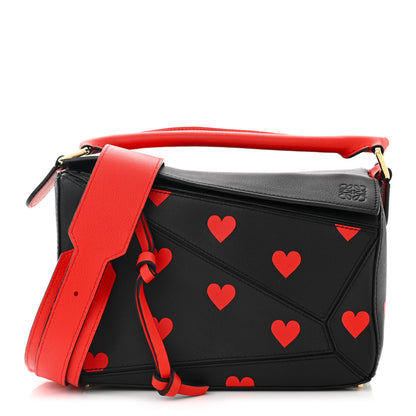 Loewe Calfskin Heart Print Small Puzzle Bag Black Red 1 of 10