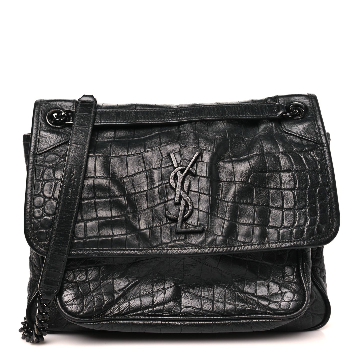 Crocodile Embossed Lambskin Monogram Medium Niki Chain Satchel Black