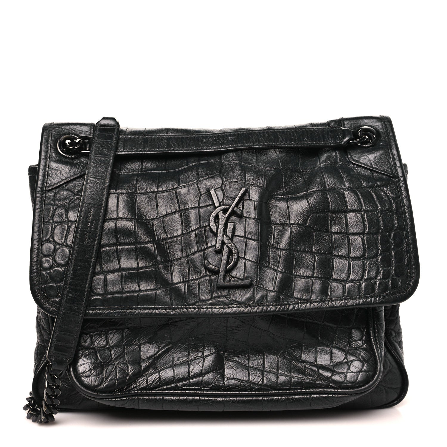 Saint Laurent Crocodile Embossed Lambskin Monogram Medium Niki Chain Satchel Black 1 of 10
