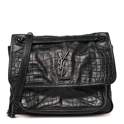 Saint Laurent Crocodile Embossed Lambskin Monogram Medium Niki Chain Satchel Black 1 of 10